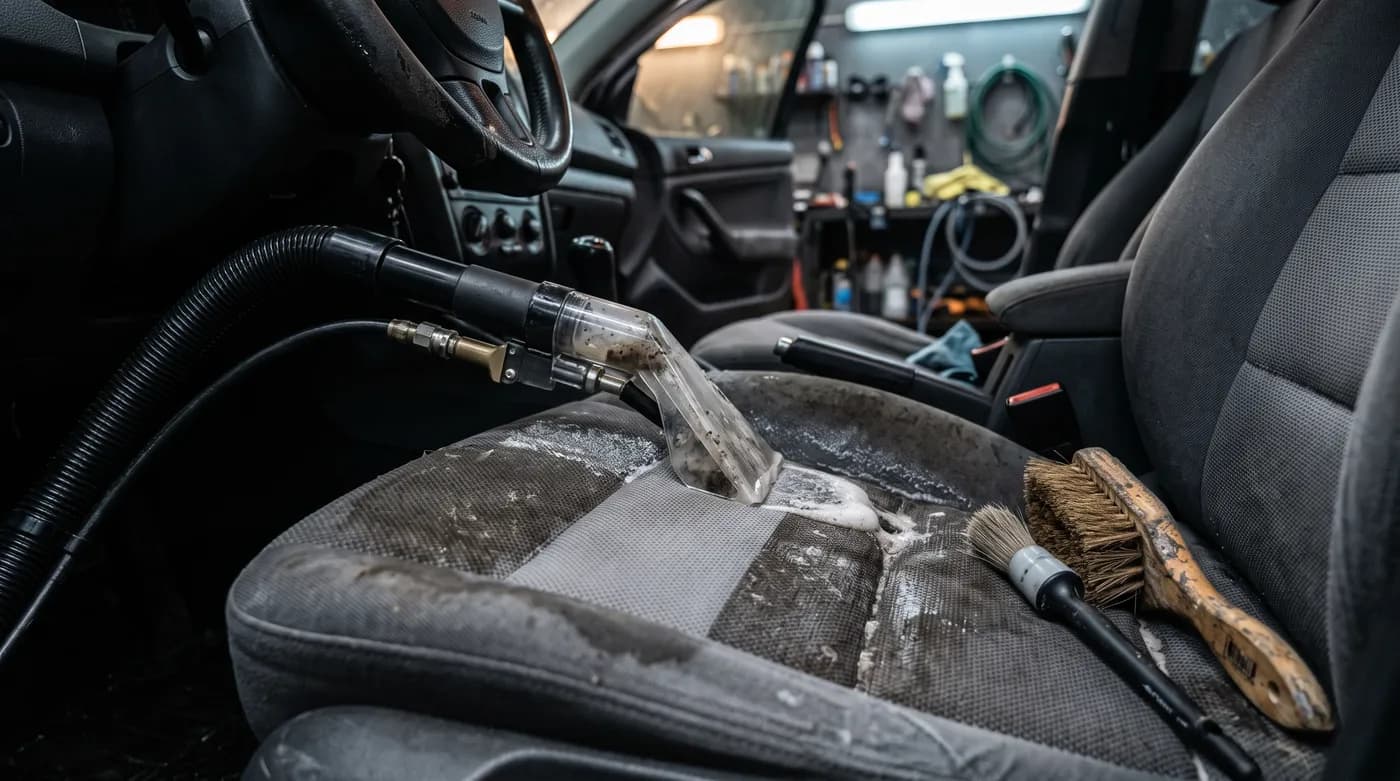 Sprühextraktion reinigt einen Stoffsitz im Fahrzeug