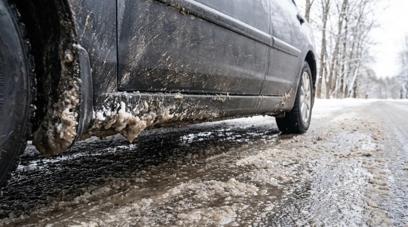 Mit Streusalz verkrusteter Schweller und Radlauf eines dunklen Fahrzeugs