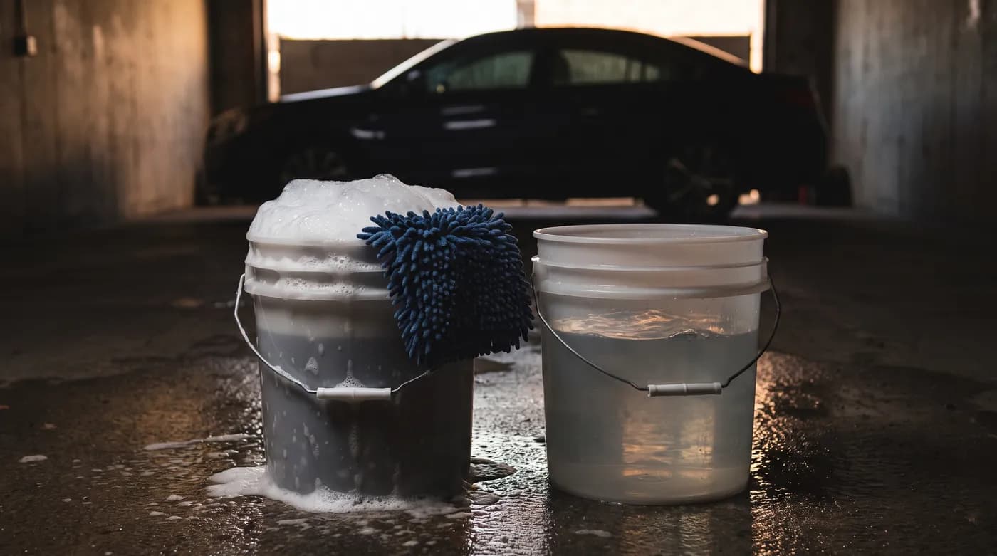 Zwei Wascheimer mit Schmutzsieben, einer mit Shampooschaum, einer mit klarem Wasser